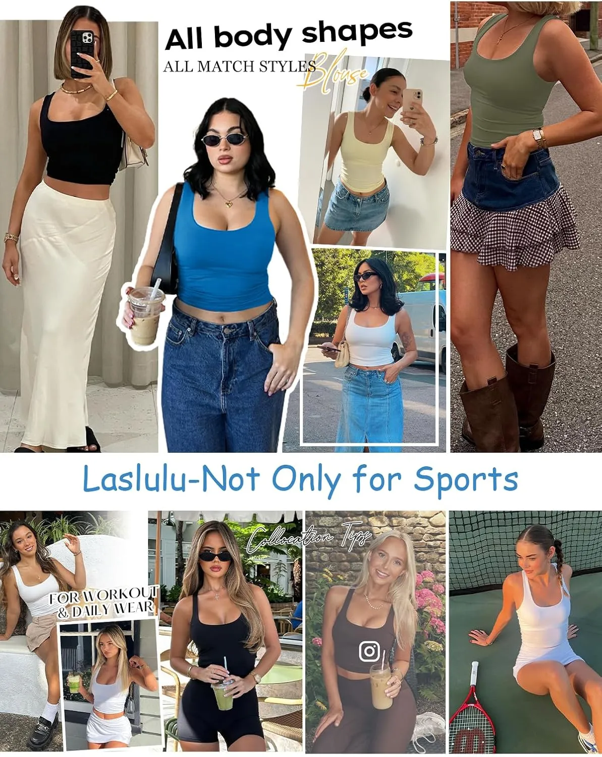 LASLULU Womens Longline Sports Bras Workout Yoga Gym Athletic Tops Clothes Shirts Camisole Padded Crop Tank Tops