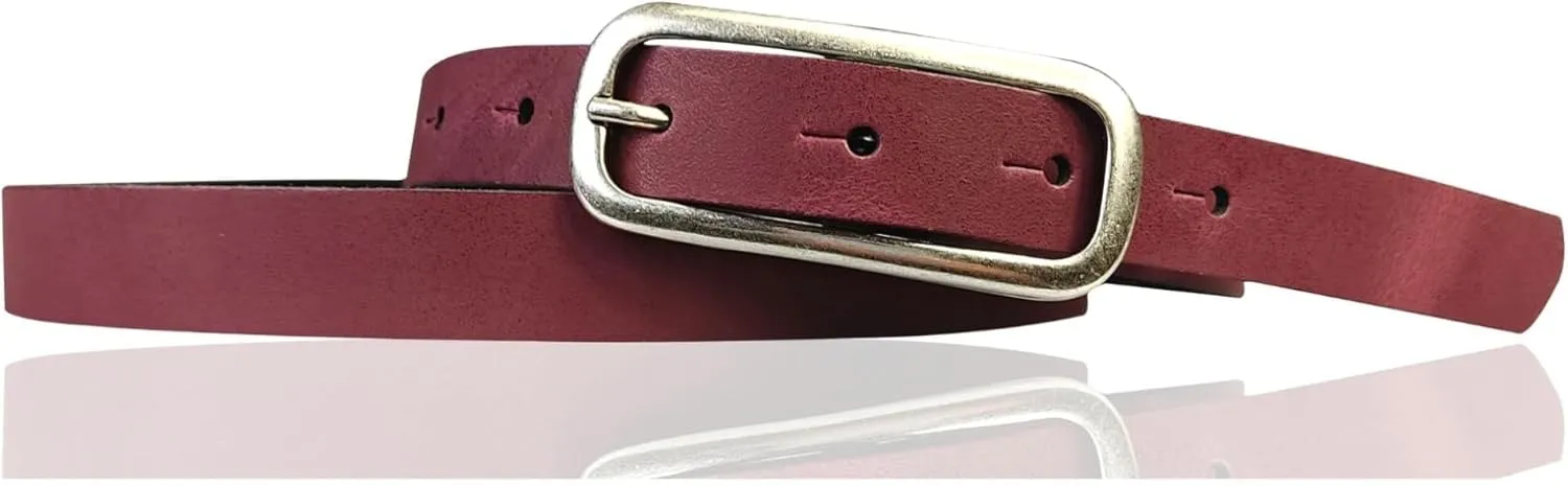 Leather Womens Belt Slim Silver Buckle 0.8 inch