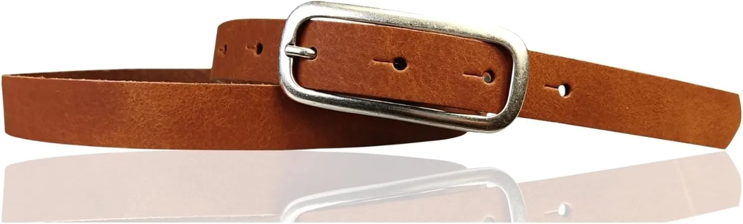 Leather Womens Belt Slim Silver Buckle 0.8 inch