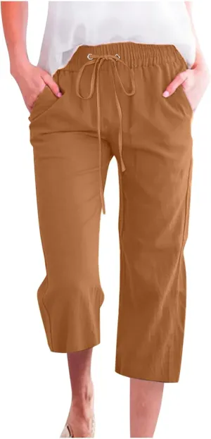 Linen Capri Pants for Women 2025 Summer Casual Drawstring Elastic Trouser Plus Size Lounge Cozy Cropped Capris Pocket