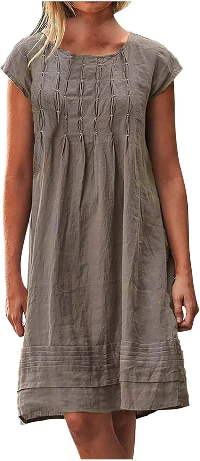 Linen Dress for Women Pleated Summer Dresses Short Sleeve Crewneck Slim Mini Dresses Petite Beach Vacation Sundress