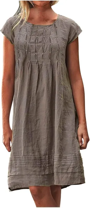 Linen Dress for Women Pleated Summer Dresses Short Sleeve Crewneck Slim Mini Dresses Petite Beach Vacation Sundress