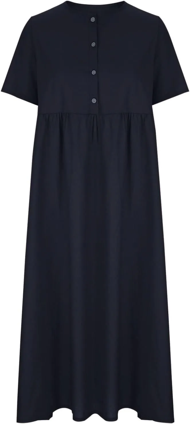 Linen Dress Women 2025 Button Down Solid Color Casual Loose Long Dresses Crew Neck Fashion Cotton Vacation Sundress