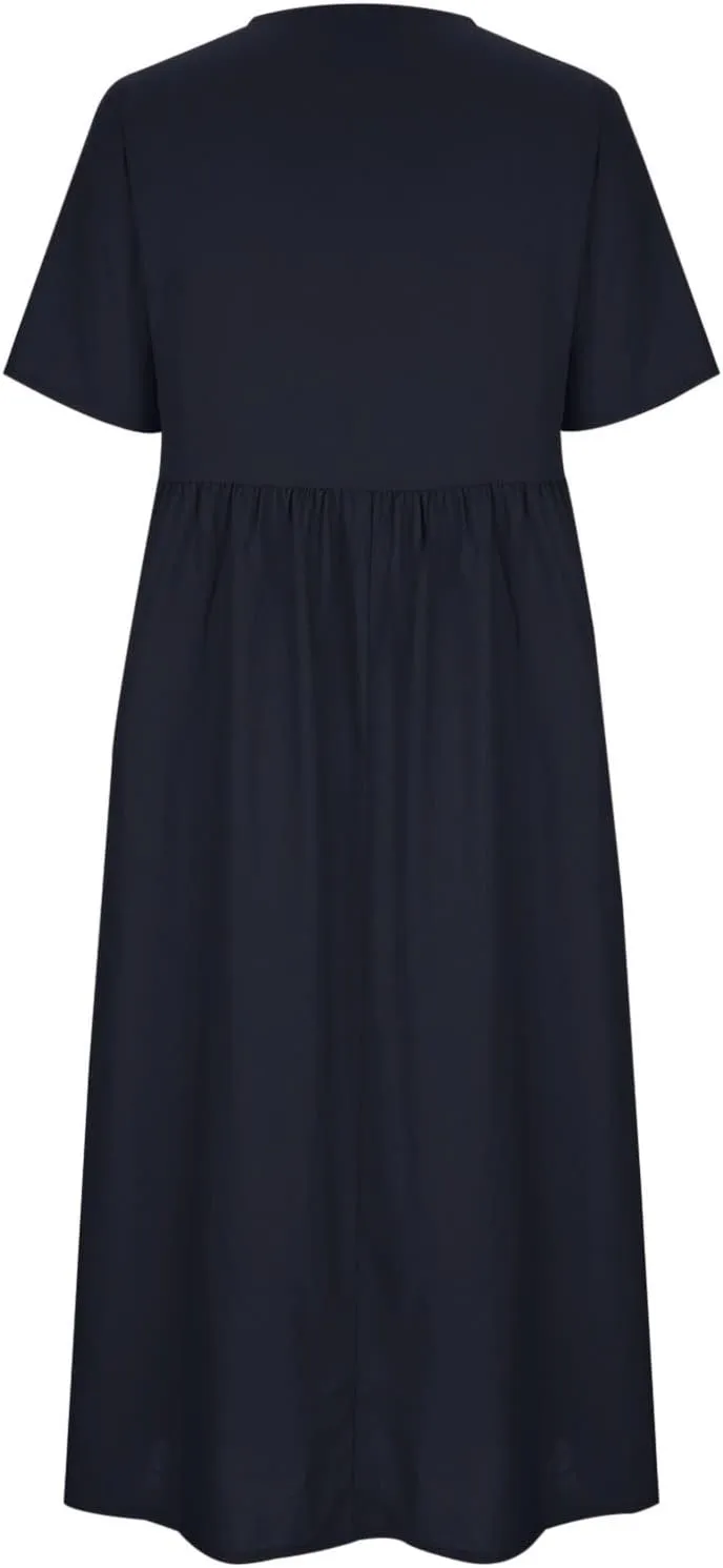 Linen Dress Women 2025 Button Down Solid Color Casual Loose Long Dresses Crew Neck Fashion Cotton Vacation Sundress