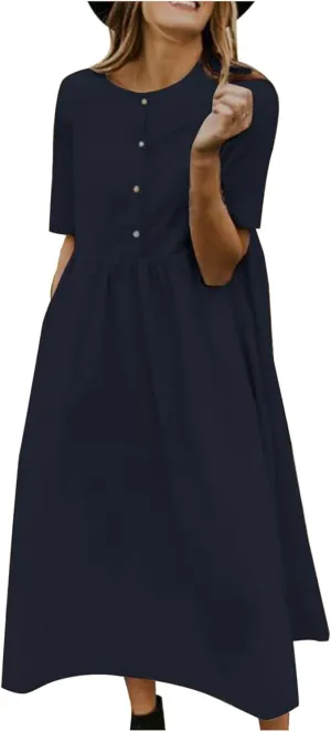 Linen Dress Women 2025 Button Down Solid Color Casual Loose Long Dresses Crew Neck Fashion Cotton Vacation Sundress