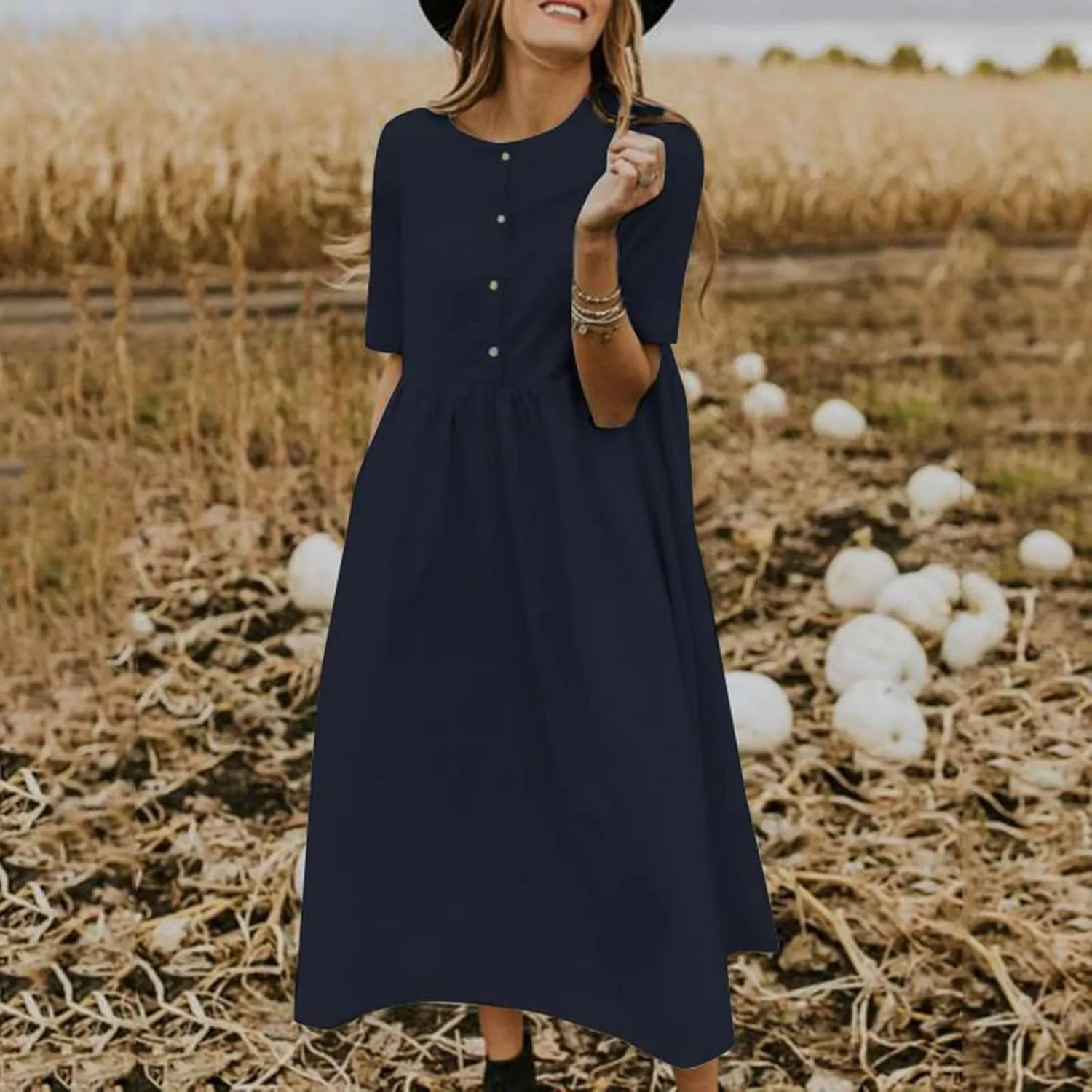 Linen Dress Women 2025 Button Down Solid Color Casual Loose Long Dresses Crew Neck Fashion Cotton Vacation Sundress