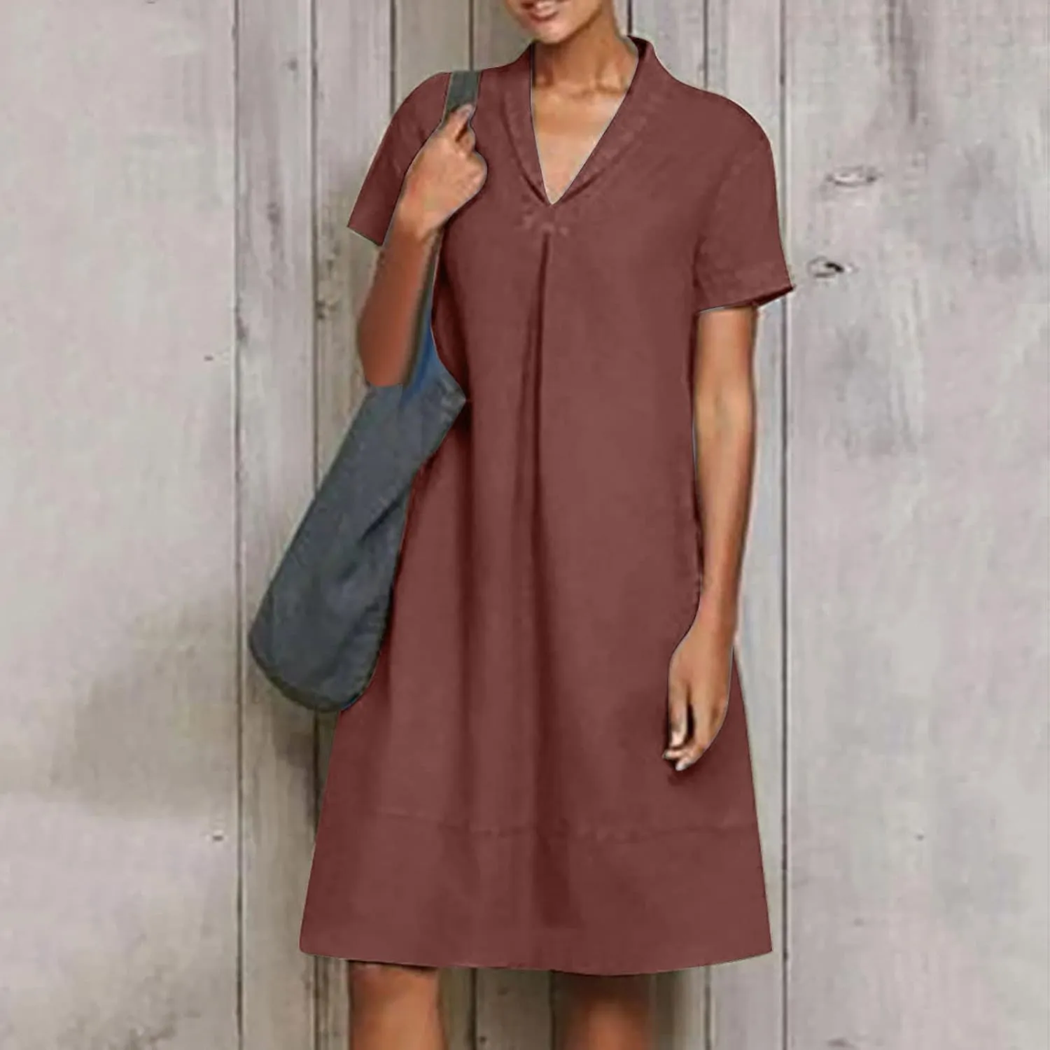 Linen Dresses for Women Casual Summer Solid Color V Neck Short Sleeve Midi Dress Fashion Lapel Cotton Vacation Dress