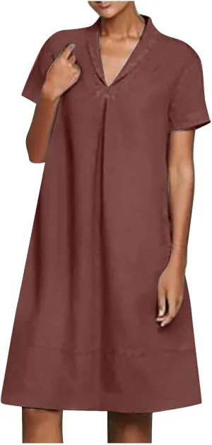 Linen Dresses for Women Casual Summer Solid Color V Neck Short Sleeve Midi Dress Fashion Lapel Cotton Vacation Dress