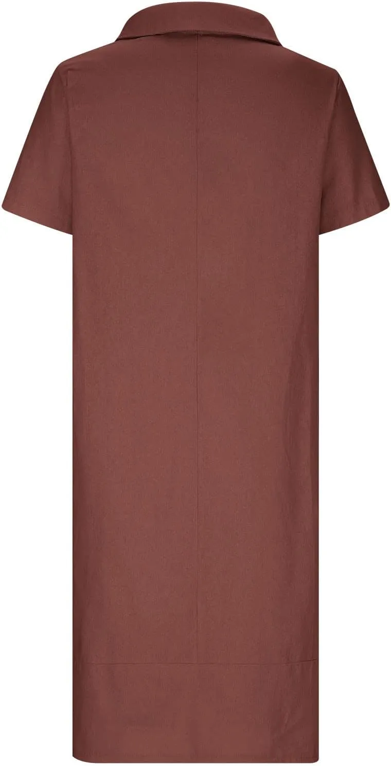 Linen Dresses for Women Casual Summer Solid Color V Neck Short Sleeve Midi Dress Fashion Lapel Cotton Vacation Dress