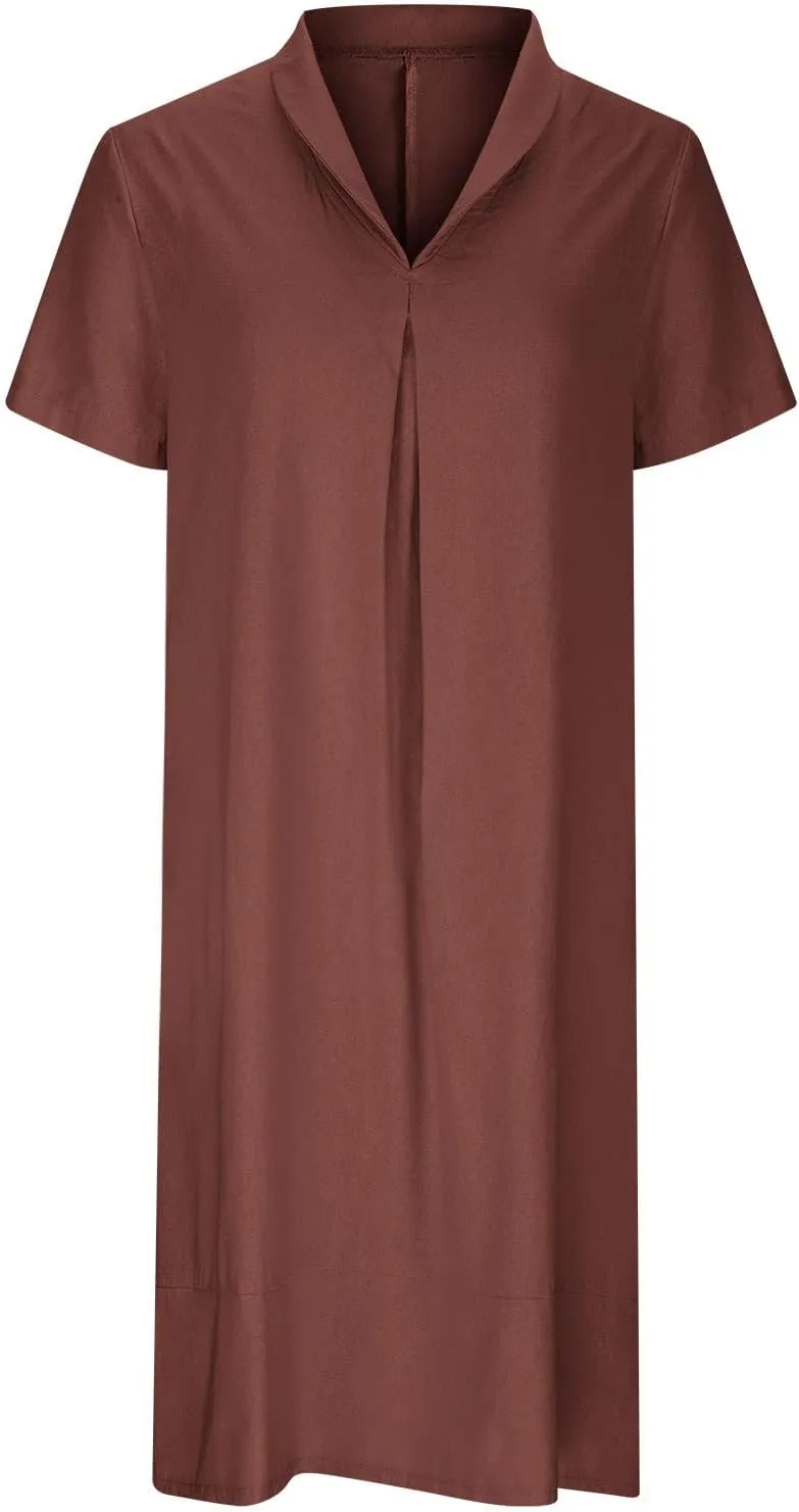 Linen Dresses for Women Casual Summer Solid Color V Neck Short Sleeve Midi Dress Fashion Lapel Cotton Vacation Dress