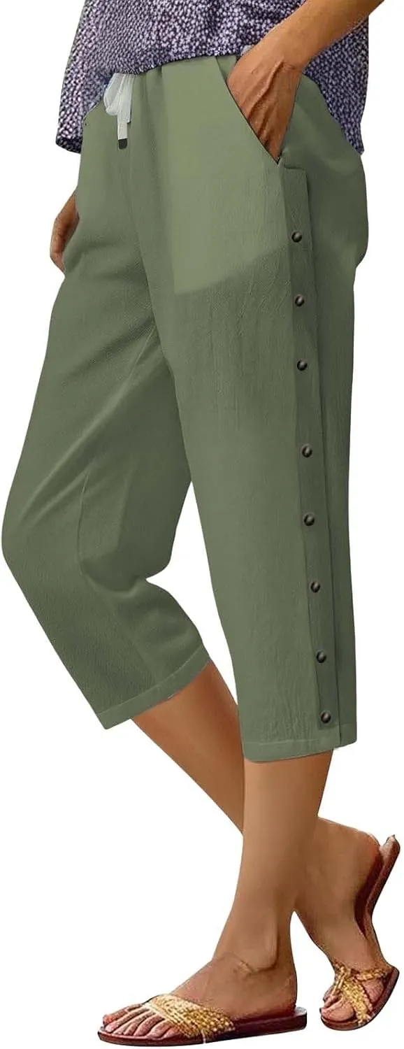 Linen Pants for Women,2025 Summer Elastic Straight Leg Cropped Capris Casual Side Button Beach Trouser with Pockets