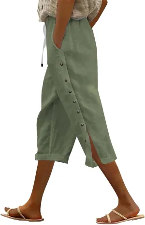Linen Pants for Women,2025 Summer Elastic Straight Leg Cropped Capris Casual Side Button Beach Trouser with Pockets