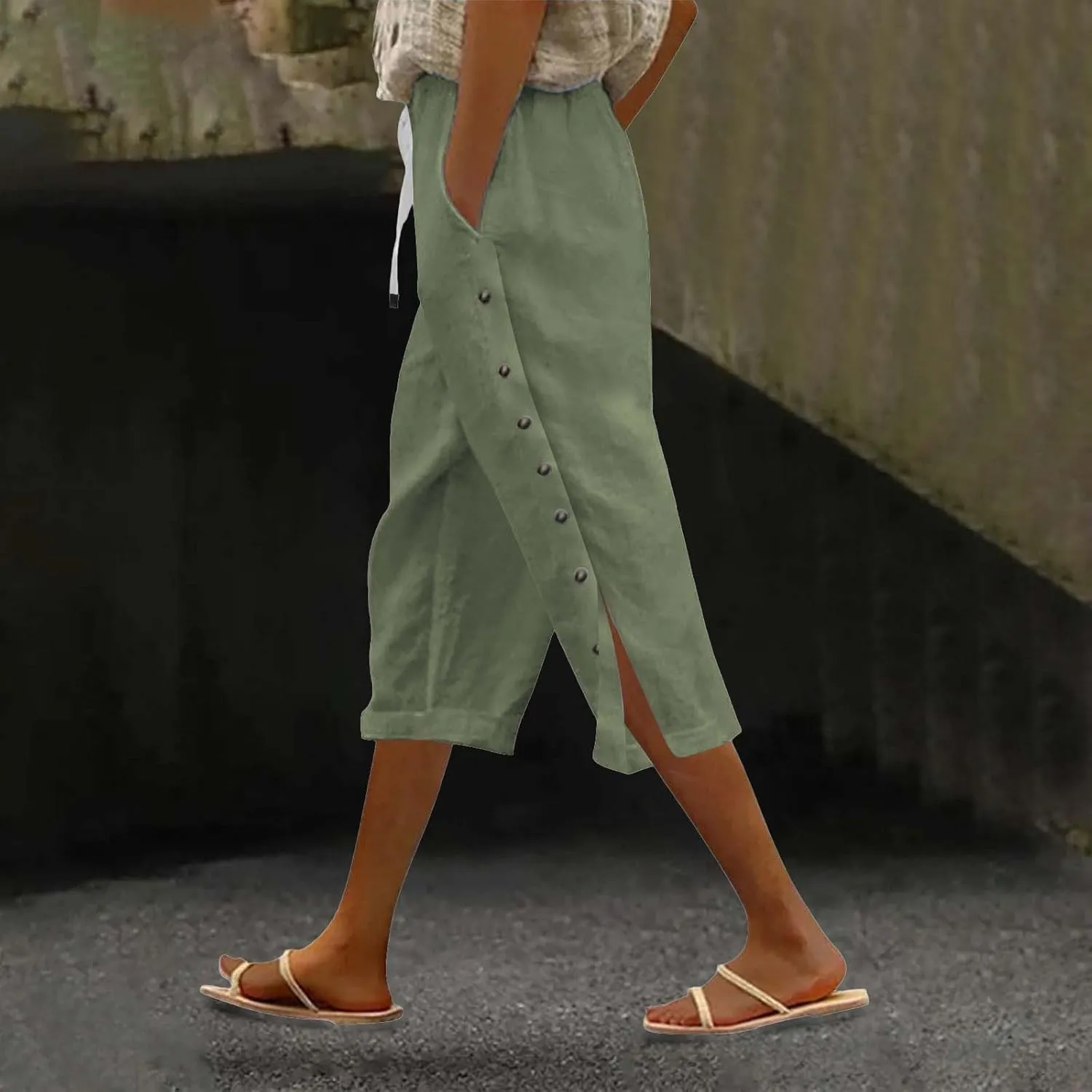 Linen Pants for Women,2025 Summer Elastic Straight Leg Cropped Capris Casual Side Button Beach Trouser with Pockets