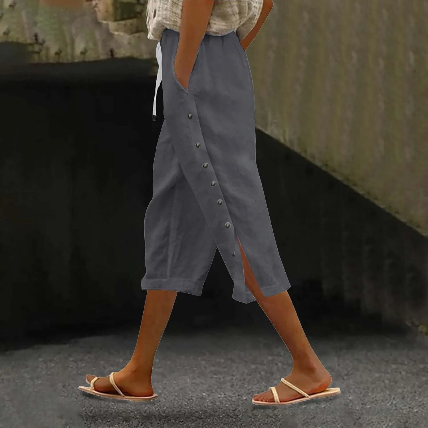Linen Pants for Women,2025 Summer Elastic Straight Leg Cropped Capris Casual Side Button Beach Trouser with Pockets