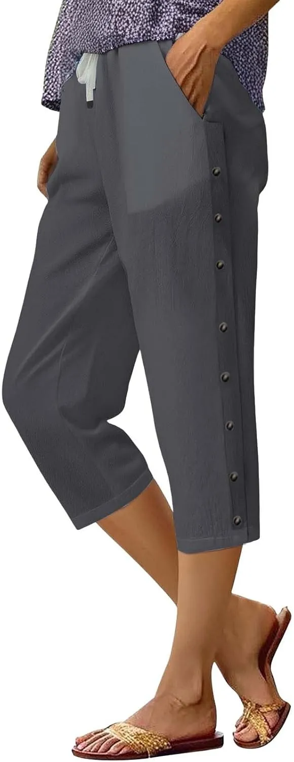Linen Pants for Women,2025 Summer Elastic Straight Leg Cropped Capris Casual Side Button Beach Trouser with Pockets