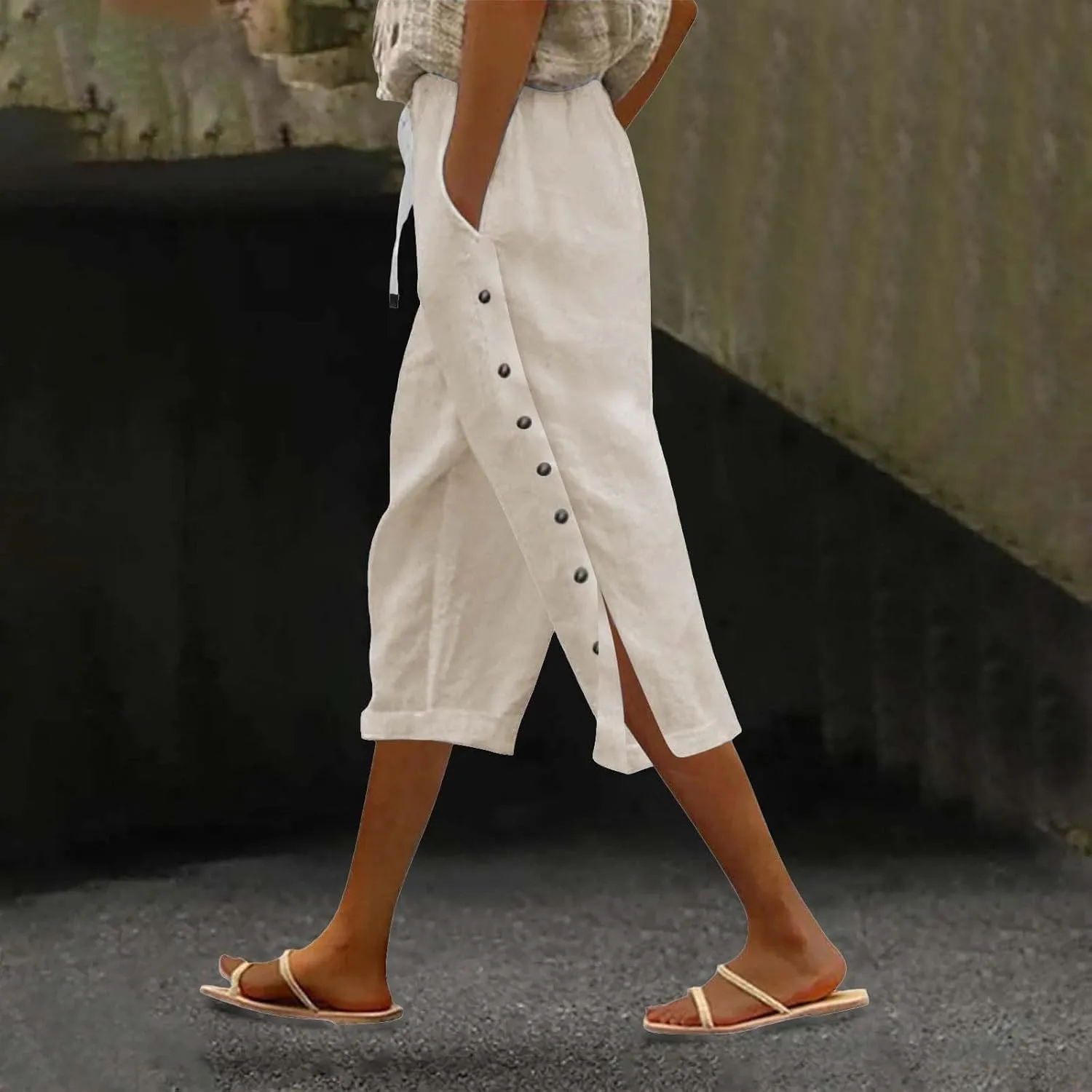 Linen Pants for Women,2025 Summer Elastic Straight Leg Cropped Capris Casual Side Button Beach Trouser with Pockets