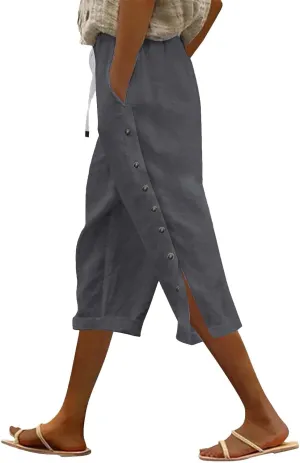 Linen Pants for Women,2025 Summer Elastic Straight Leg Cropped Capris Casual Side Button Beach Trouser with Pockets