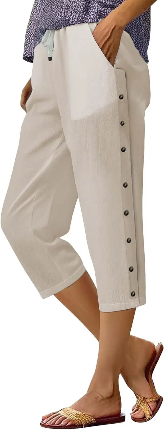 Linen Pants for Women,2025 Summer Elastic Straight Leg Cropped Capris Casual Side Button Beach Trouser with Pockets