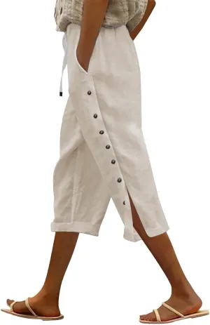 Linen Pants for Women,2025 Summer Elastic Straight Leg Cropped Capris Casual Side Button Beach Trouser with Pockets