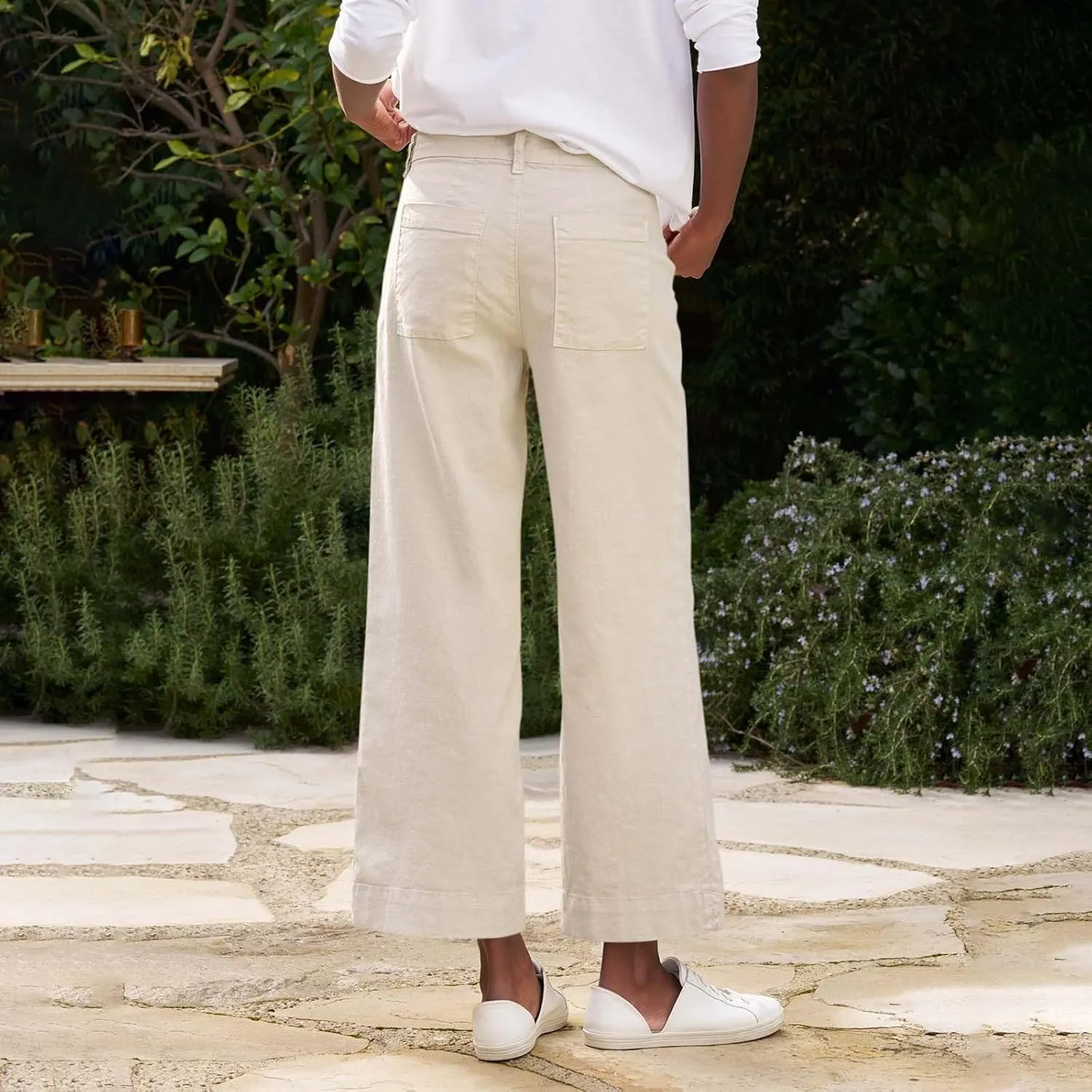 Linen Pants Women Cropped Straight Wide Leg Summer Elastic High Waisted Business Casual Comfy Work Pants with Pockets