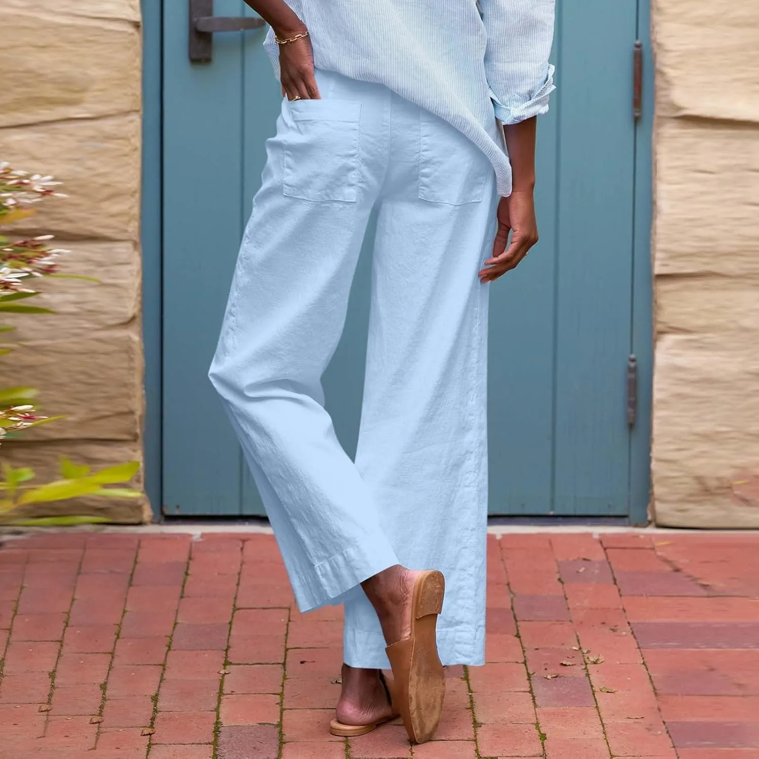 Linen Pants Women Cropped Straight Wide Leg Summer Elastic High Waisted Business Casual Comfy Work Pants with Pockets