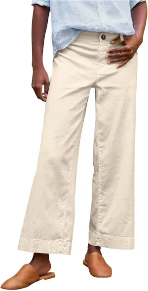 Linen Pants Women Cropped Straight Wide Leg Summer Elastic High Waisted Business Casual Comfy Work Pants with Pockets