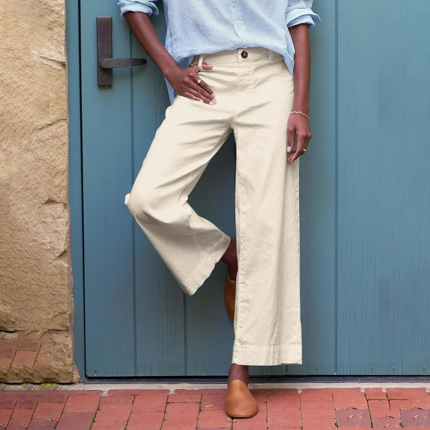 Linen Pants Women Cropped Straight Wide Leg Summer Elastic High Waisted Business Casual Comfy Work Pants with Pockets