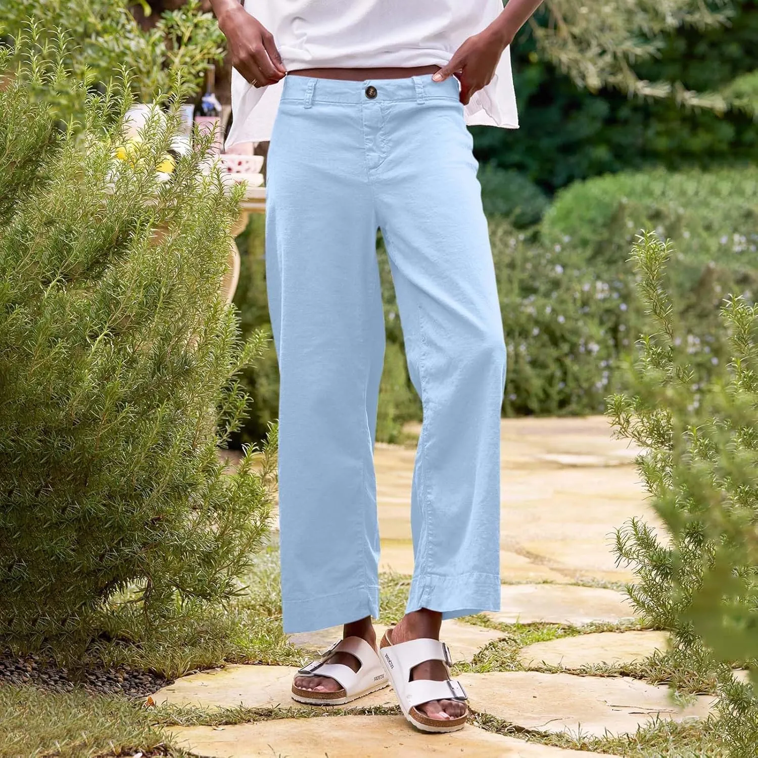 Linen Pants Women Cropped Straight Wide Leg Summer Elastic High Waisted Business Casual Comfy Work Pants with Pockets