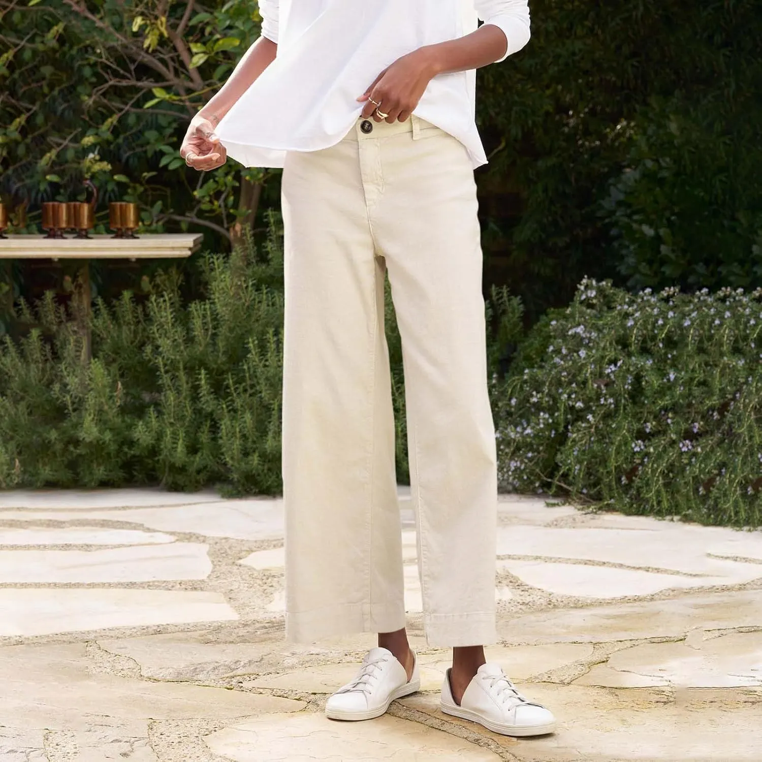 Linen Pants Women Cropped Straight Wide Leg Summer Elastic High Waisted Business Casual Comfy Work Pants with Pockets