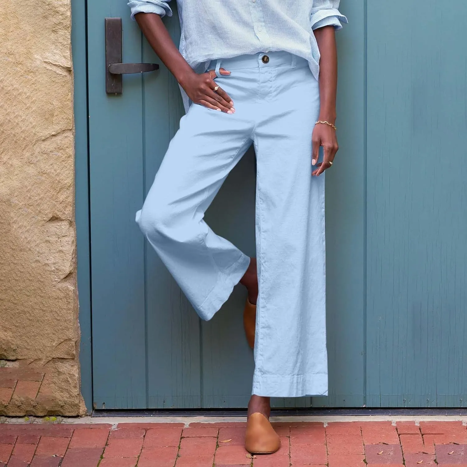 Linen Pants Women Cropped Straight Wide Leg Summer Elastic High Waisted Business Casual Comfy Work Pants with Pockets