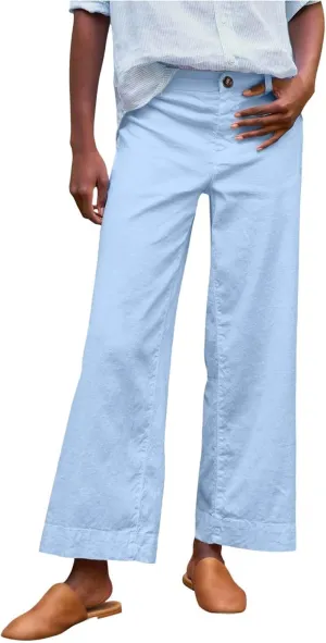 Linen Pants Women Cropped Straight Wide Leg Summer Elastic High Waisted Business Casual Comfy Work Pants with Pockets