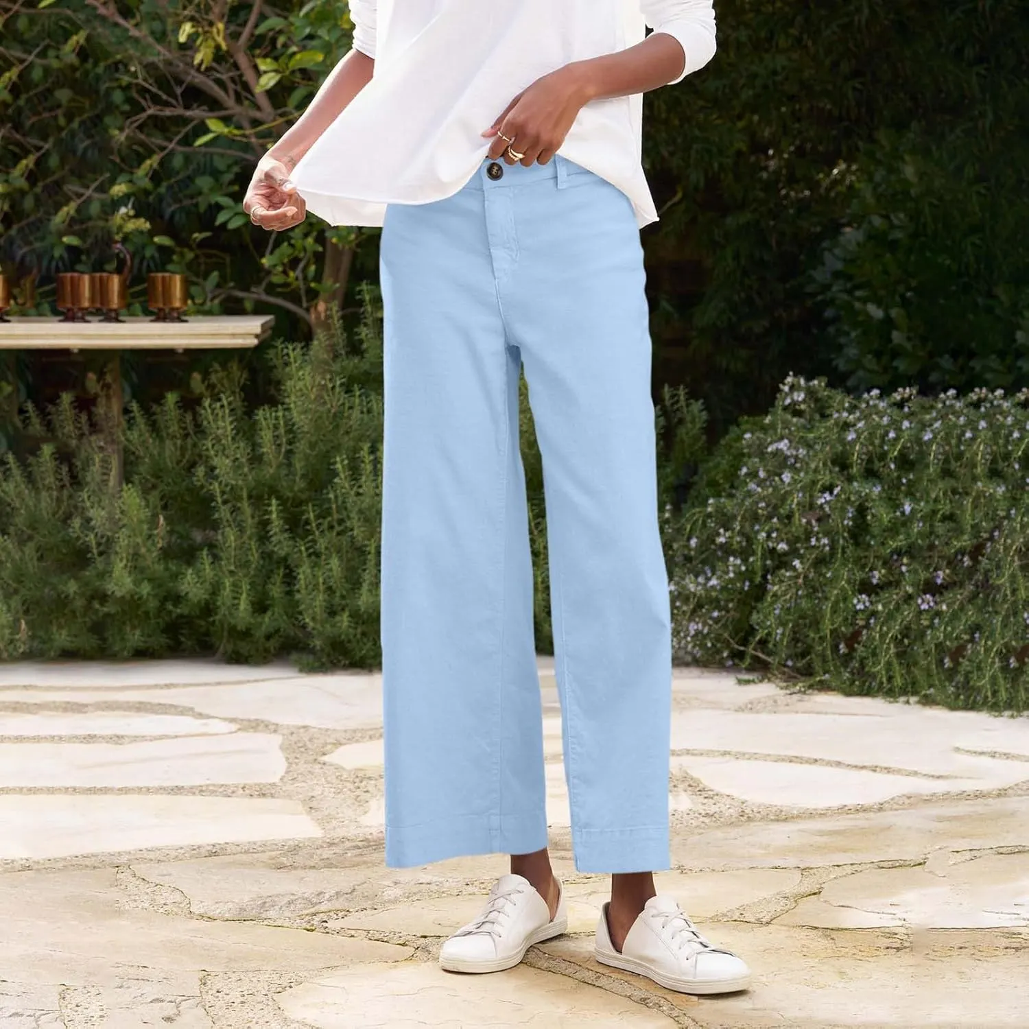 Linen Pants Women Cropped Straight Wide Leg Summer Elastic High Waisted Business Casual Comfy Work Pants with Pockets