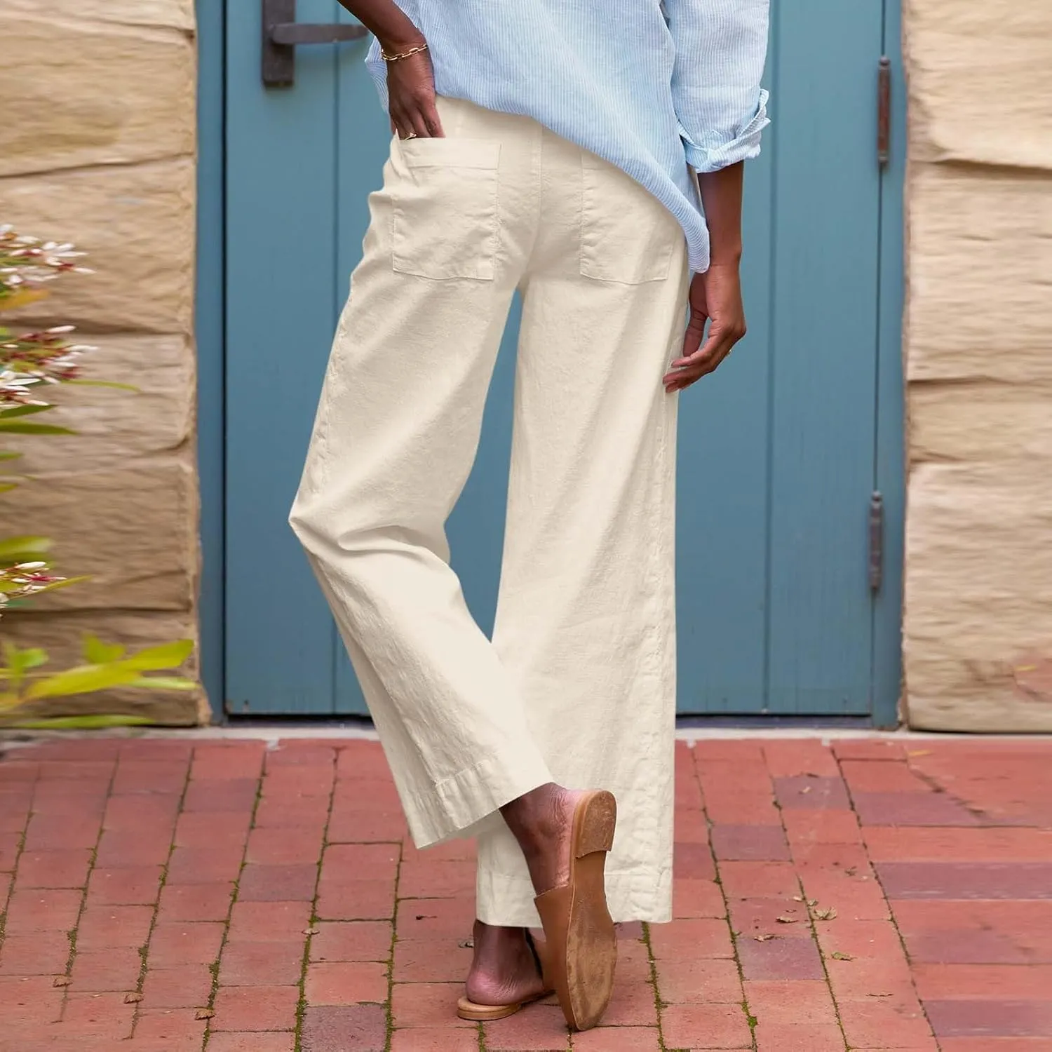 Linen Pants Women Cropped Straight Wide Leg Summer Elastic High Waisted Business Casual Comfy Work Pants with Pockets