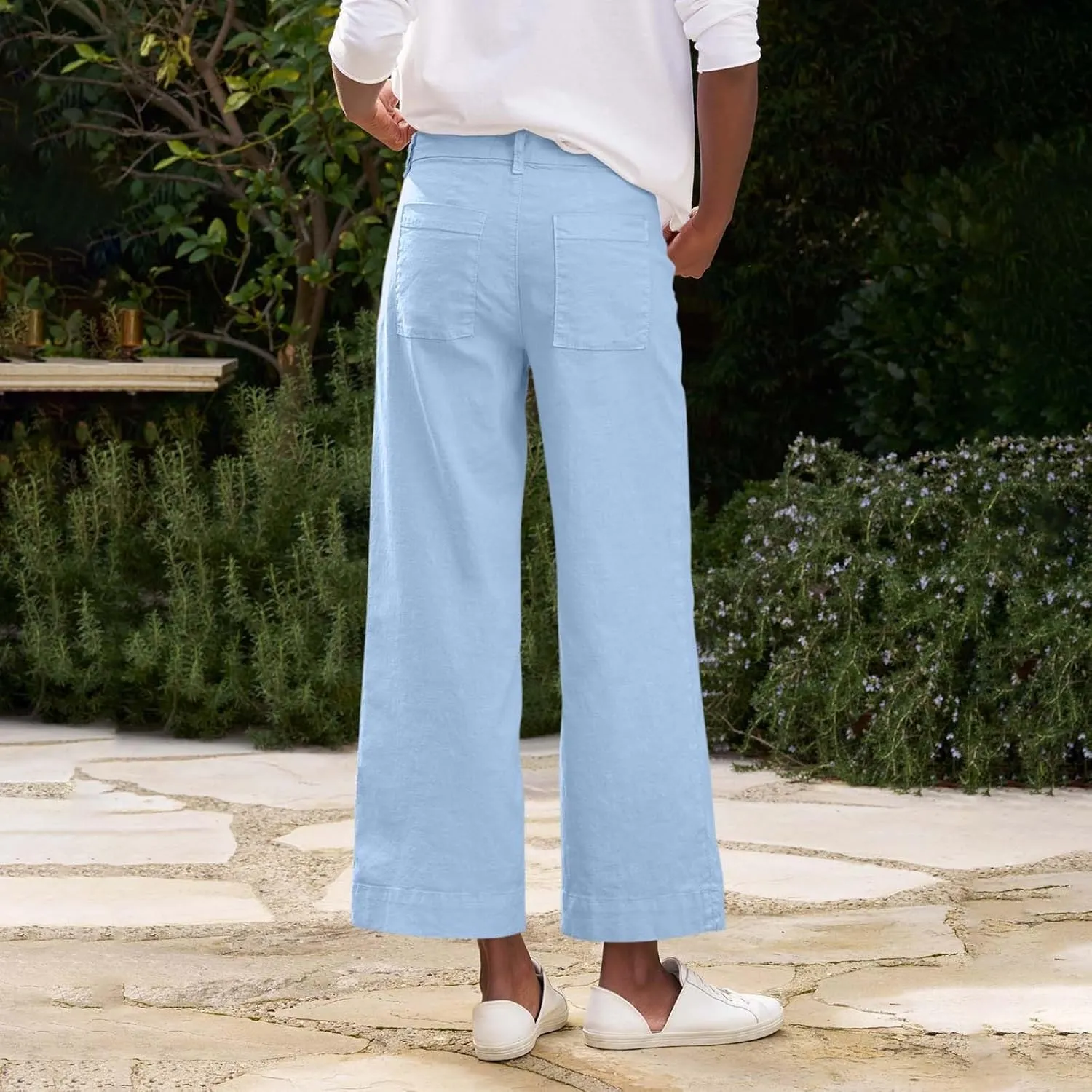 Linen Pants Women Cropped Straight Wide Leg Summer Elastic High Waisted Business Casual Comfy Work Pants with Pockets
