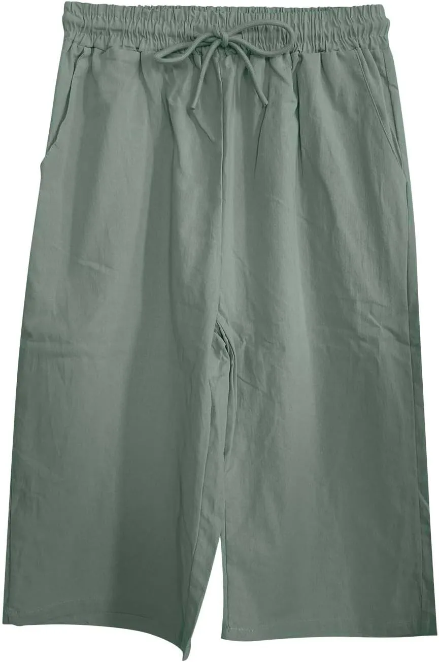 Linen Pants Women Drawstring Elastic Waist Capri Trouser 2025 Summer Boho Beach Cotton Cropped Pant with Pocket