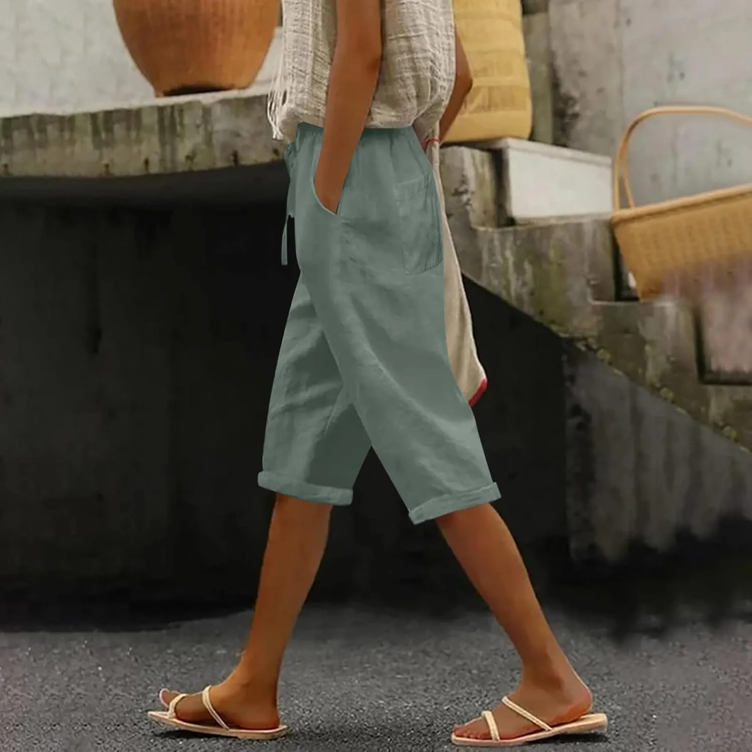 Linen Pants Women Drawstring Elastic Waist Capri Trouser 2025 Summer Boho Beach Cotton Cropped Pant with Pocket