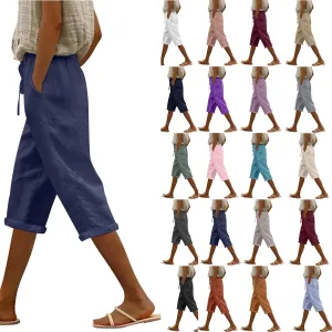 Linen Pants Women Drawstring Elastic Waist Capri Trouser 2025 Summer Boho Beach Cotton Cropped Pant with Pocket