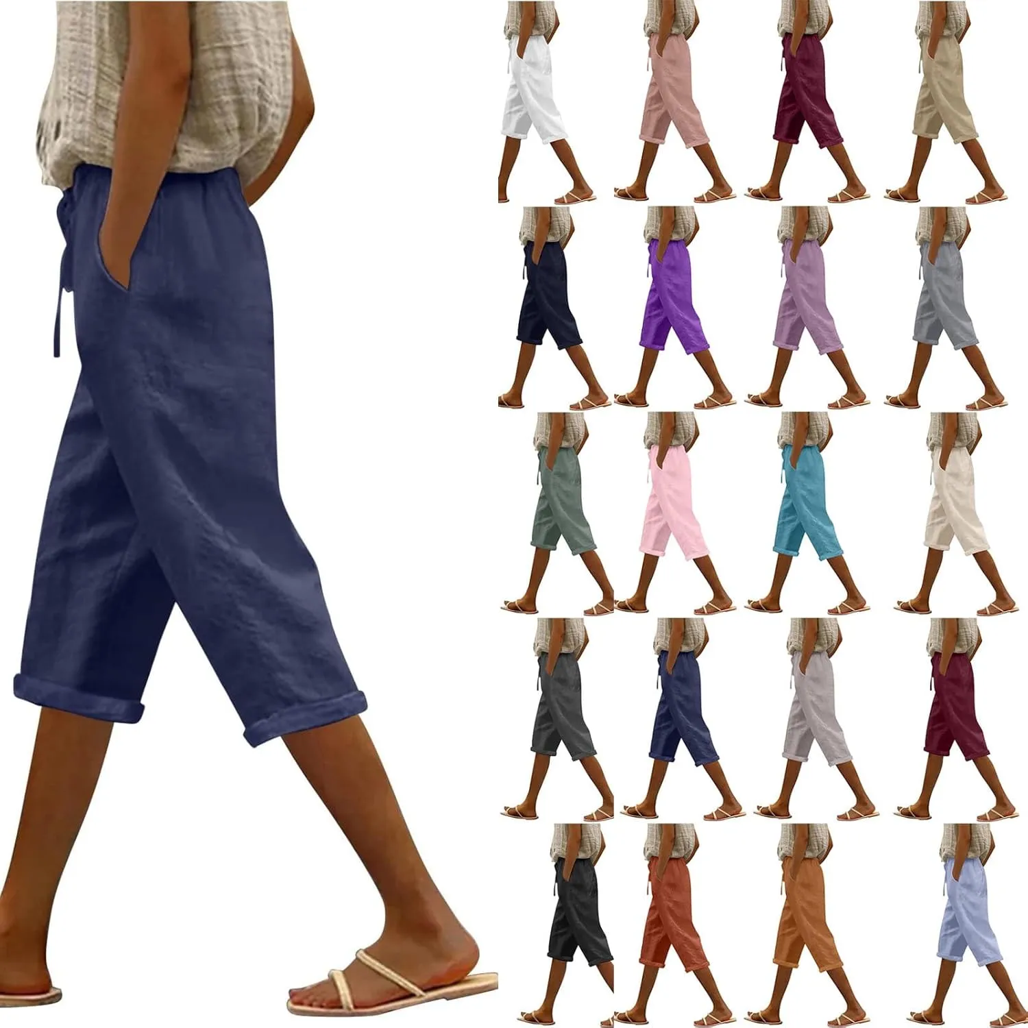 Linen Pants Women Drawstring Elastic Waist Capri Trouser 2025 Summer Boho Beach Cotton Cropped Pant with Pocket