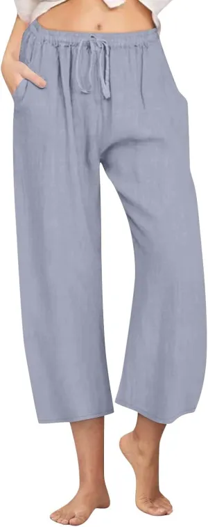 Linen Pants Women Summer Plus Size Capri Pants 2025 Trendy Wide Leg Pants Casual Beach Spring Cropped Linen Pants