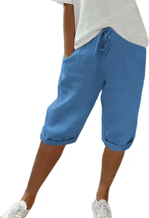 Linen Shorts for Women Knee Length 2025 Striped Bermuda Shorts Summer Casual Elastic Waisted Shorts with Pockets