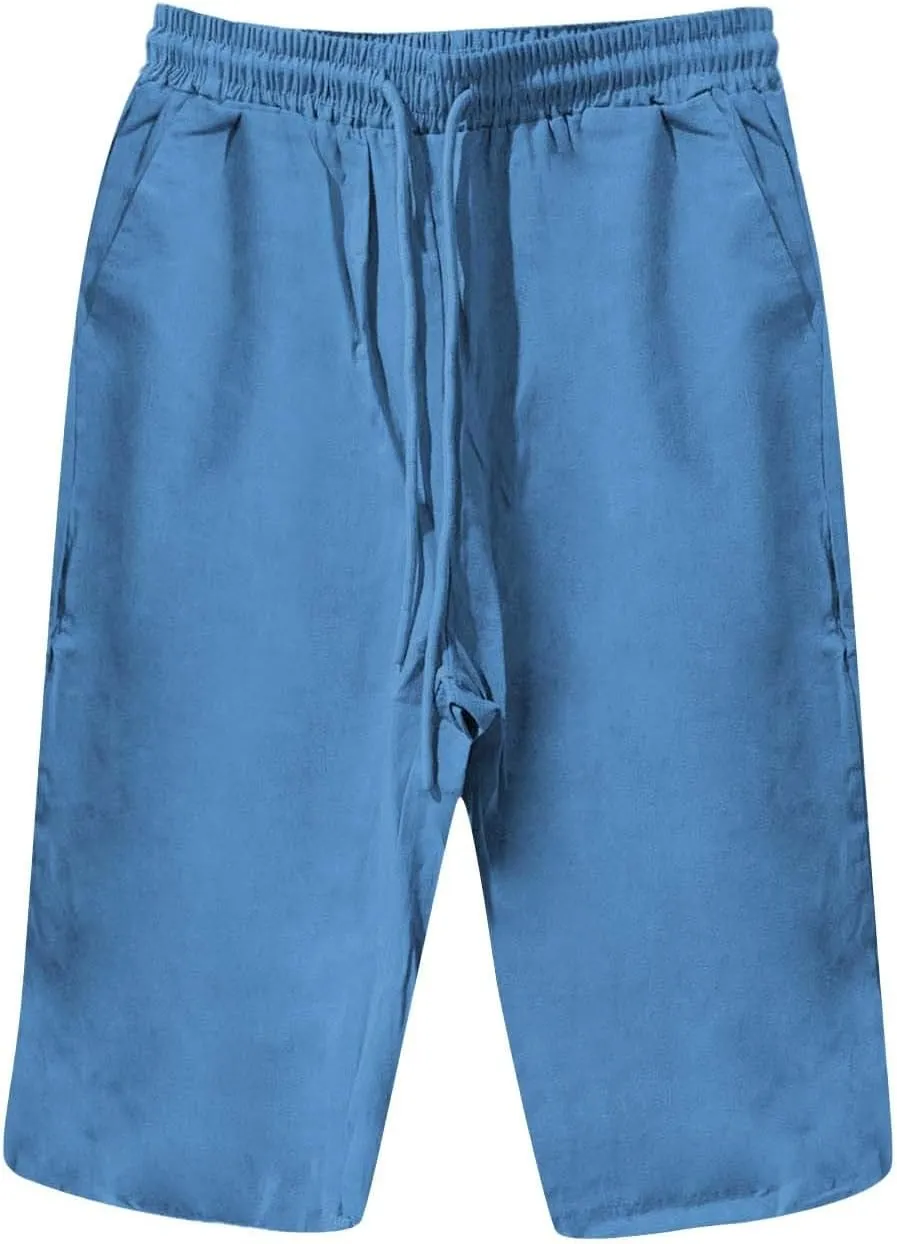 Linen Shorts for Women Knee Length 2025 Striped Bermuda Shorts Summer Casual Elastic Waisted Shorts with Pockets
