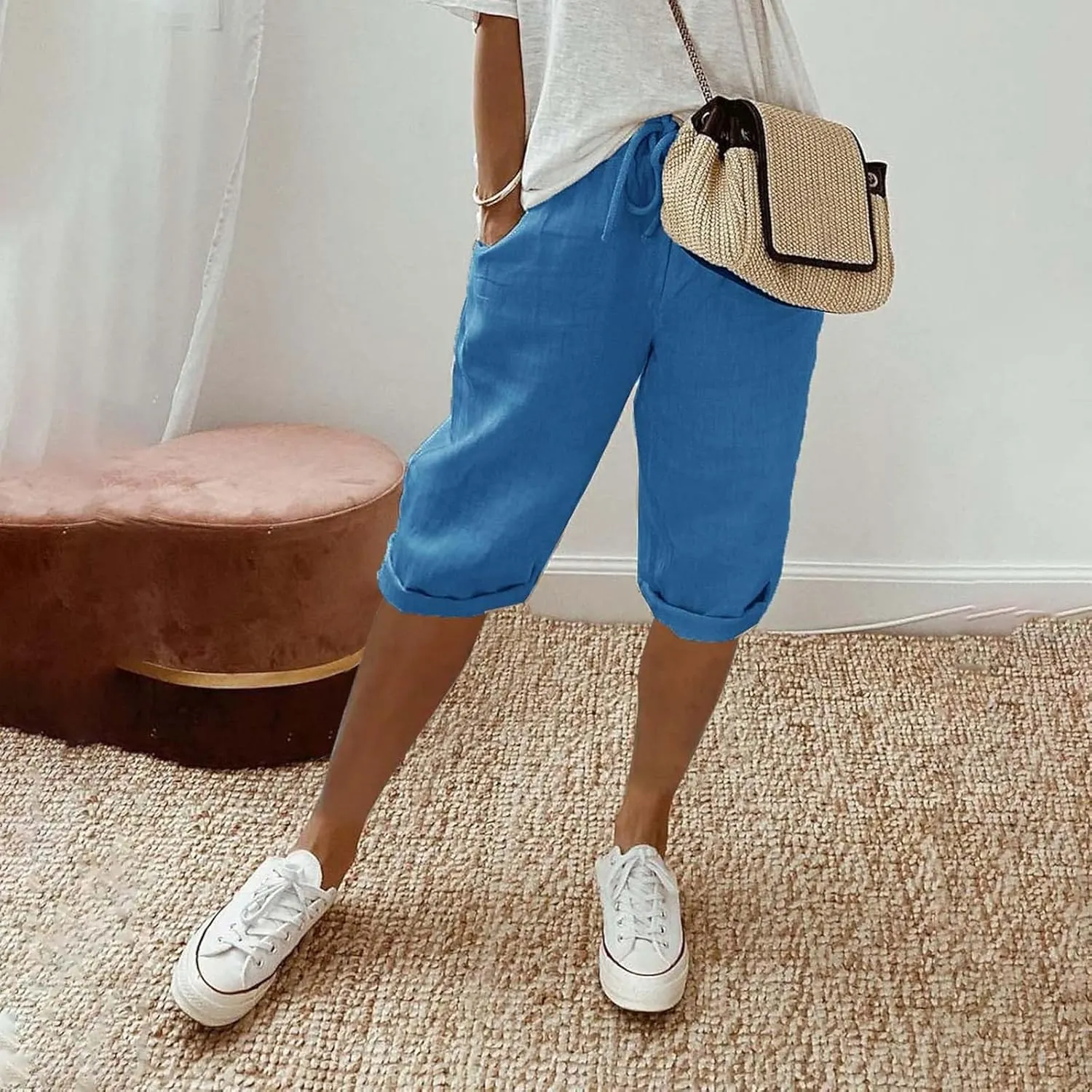 Linen Shorts for Women Knee Length 2025 Striped Bermuda Shorts Summer Casual Elastic Waisted Shorts with Pockets