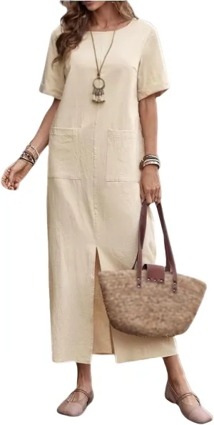Long Summer Dresses for Women Cotton Linen Dress Casual Tshirt Dress Short Sleeve Beach Vacation Sundress with Pockets