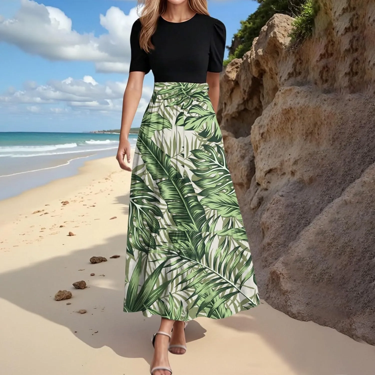 Long Summer Dresses for Womentie Belted Patchwork Ruffle Hem A Line Maxi Dress Crewneck Short Sleeve Vacation Clothes