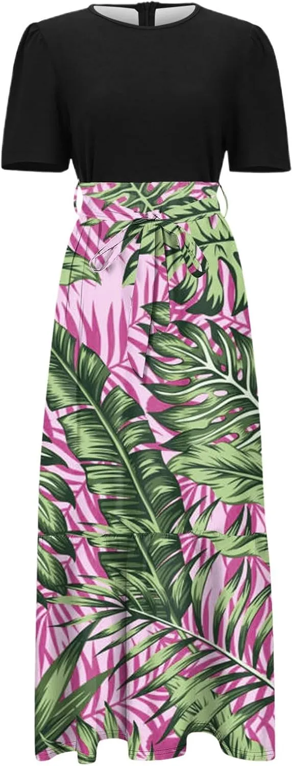 Long Summer Dresses for Womentie Belted Patchwork Ruffle Hem A Line Maxi Dress Crewneck Short Sleeve Vacation Clothes