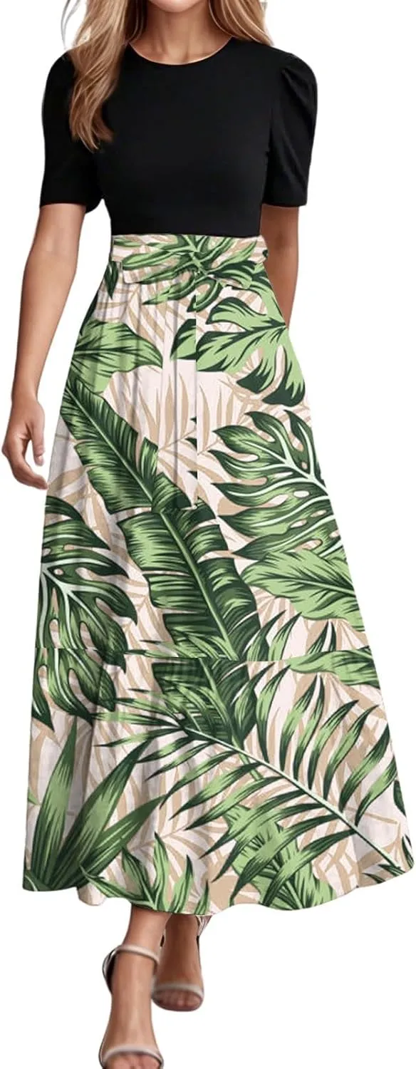 Long Summer Dresses for Womentie Belted Patchwork Ruffle Hem A Line Maxi Dress Crewneck Short Sleeve Vacation Clothes