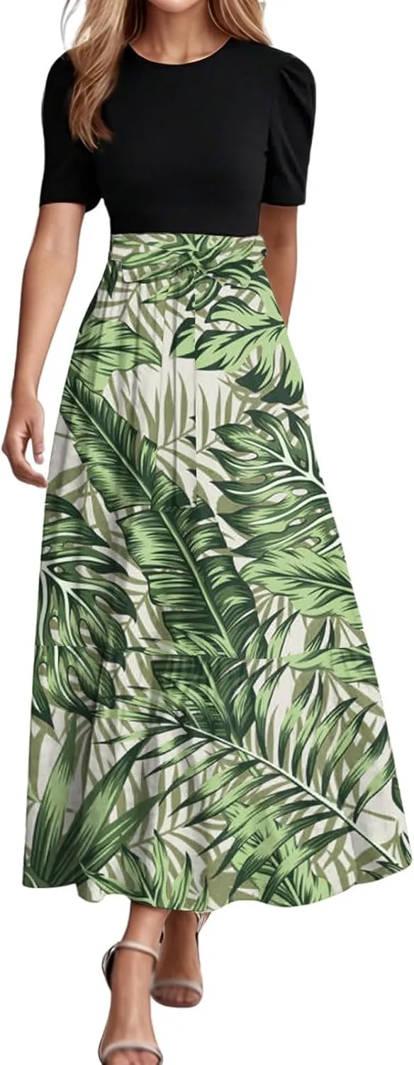 Long Summer Dresses for Womentie Belted Patchwork Ruffle Hem A Line Maxi Dress Crewneck Short Sleeve Vacation Clothes
