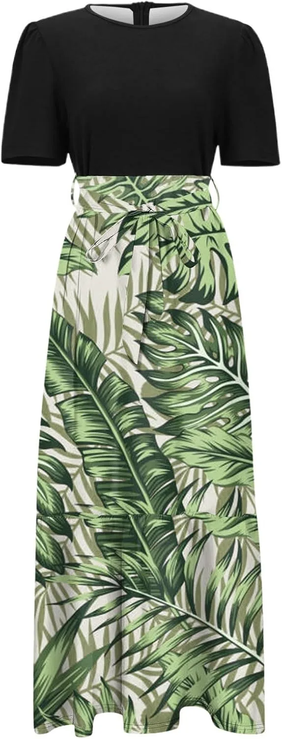 Long Summer Dresses for Womentie Belted Patchwork Ruffle Hem A Line Maxi Dress Crewneck Short Sleeve Vacation Clothes