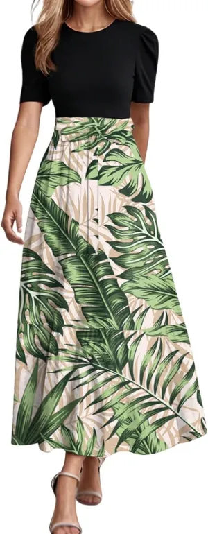 Long Summer Dresses for Womentie Belted Patchwork Ruffle Hem A Line Maxi Dress Crewneck Short Sleeve Vacation Clothes