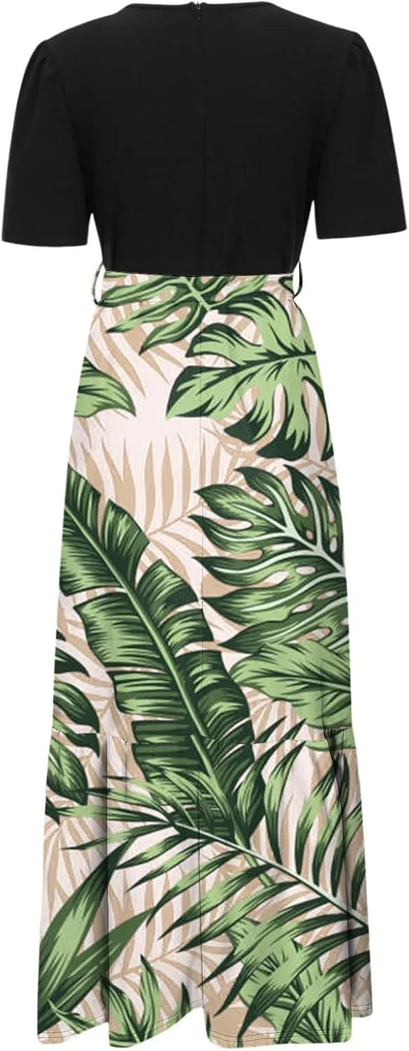 Long Summer Dresses for Womentie Belted Patchwork Ruffle Hem A Line Maxi Dress Crewneck Short Sleeve Vacation Clothes